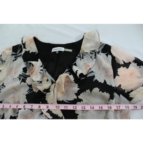 Calvin Klein Black Floral Ruffle Blouse Medium Elastic Waist Sheer Lined - Picture 5 of 6